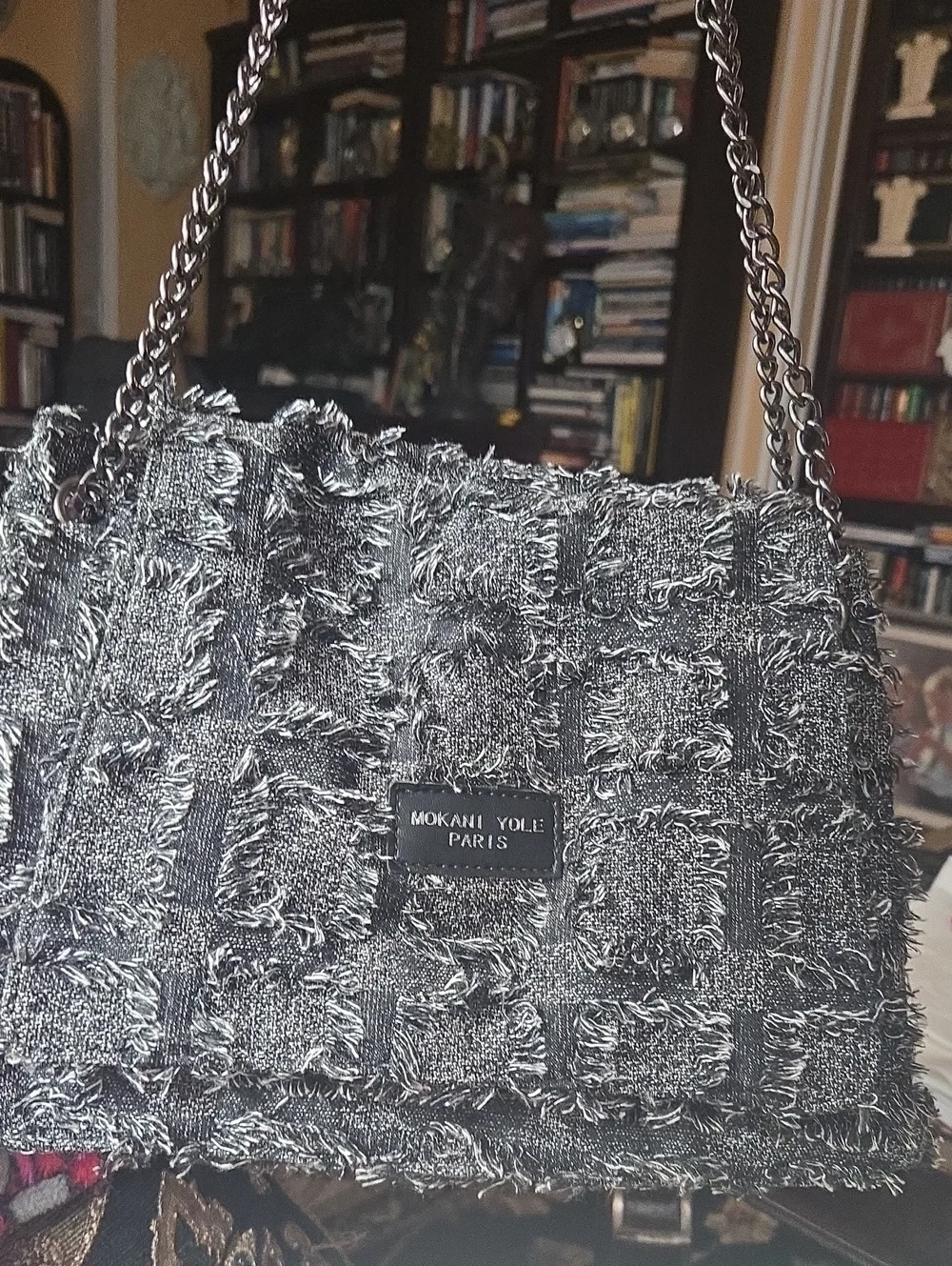 Statement Textured Denim Artistic Paris Mokani Elgant Bag wGun Metal Chain